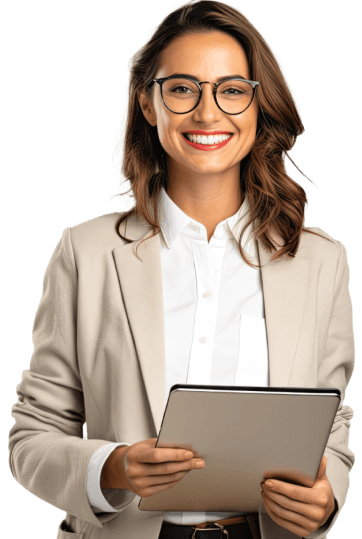 Smiling Customer Service Support Training and Development woman wearing glasses and holding a tablet.