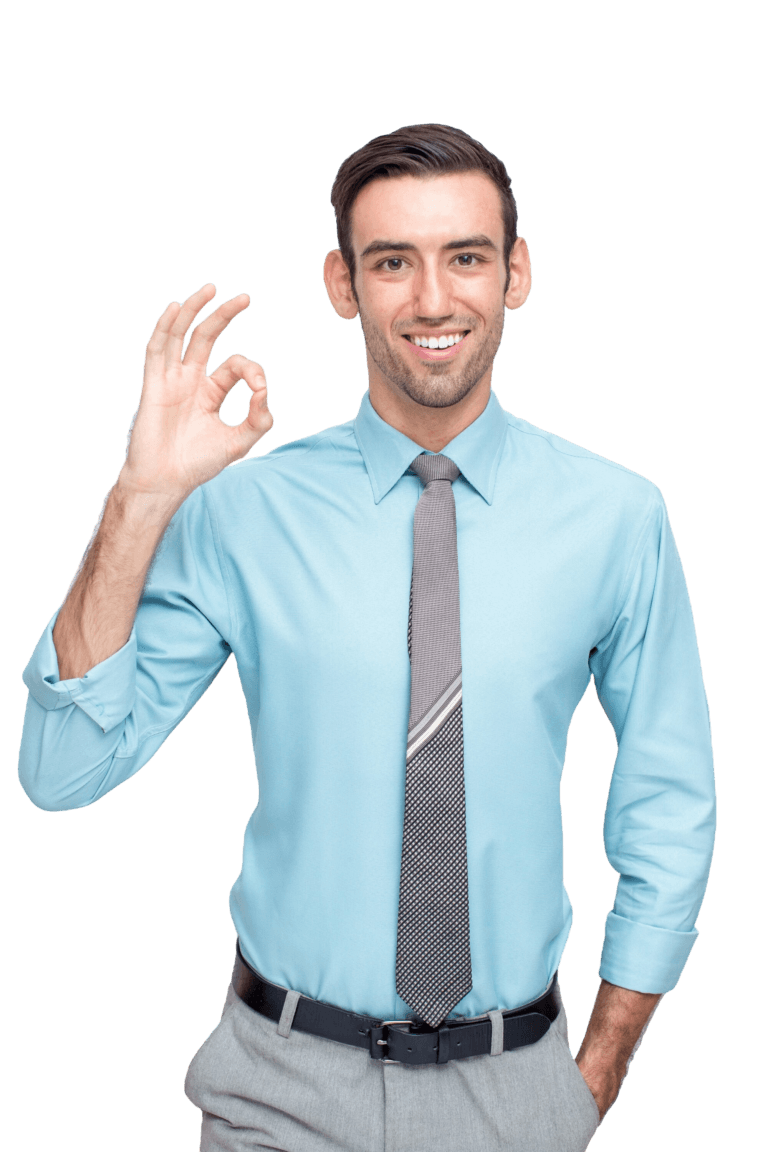 Smiling man wearing glasses giving a thumbs-up gesture in a striped shirt.