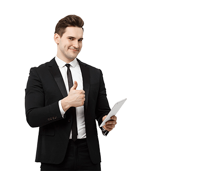 Professional man in a suit giving a thumbs-up while holding a document, representing the benefits of outsourcing. Learn why outsource for business growth.