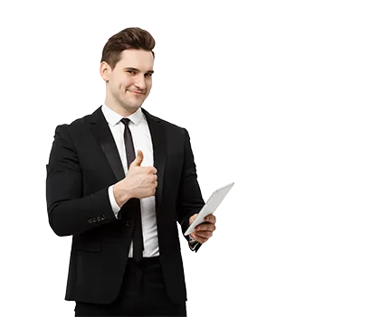 Professional man in a suit giving a thumbs-up while holding a document, representing the benefits of outsourcing. Learn why outsource for business growth.