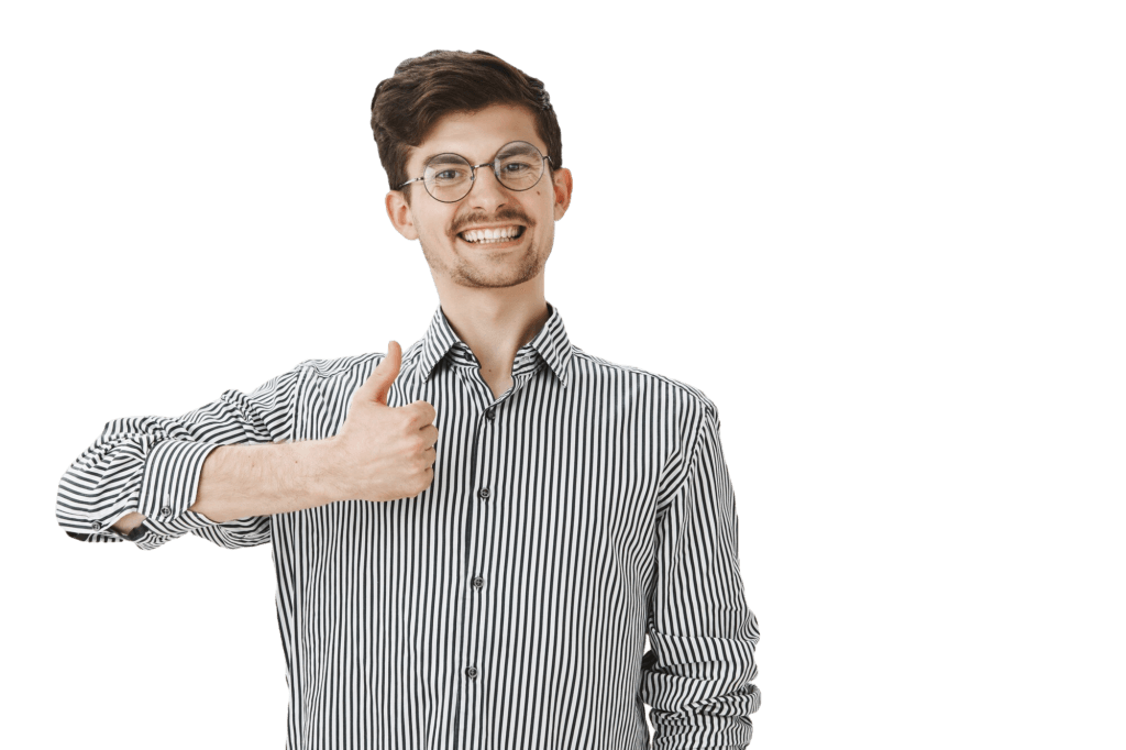 Confident young man in a striped shirt giving a thumbs-up gesture