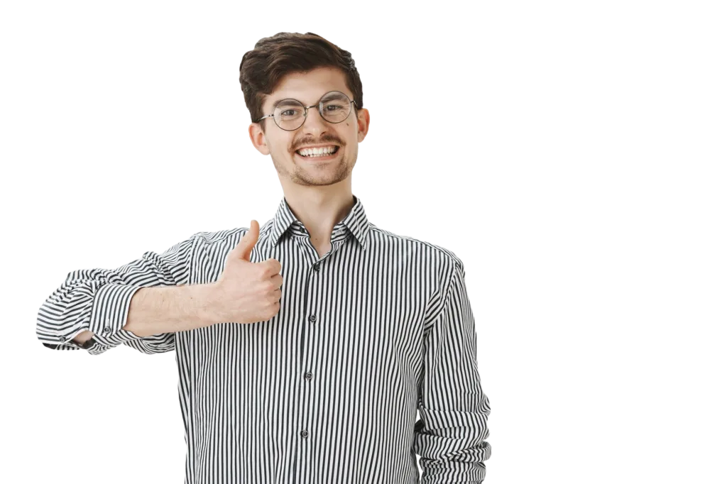 Home Confident young man in a striped shirt giving a thumbs-up gesture