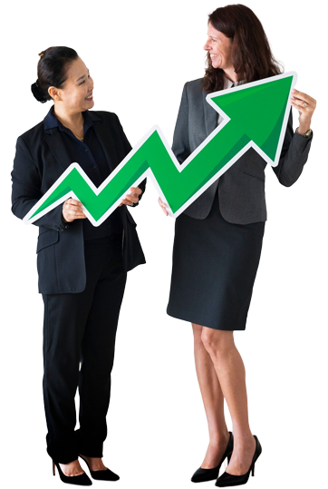 Sales and Lead Generation Two business professionals holding a green upward arrow for Sales and Lead Generation success.