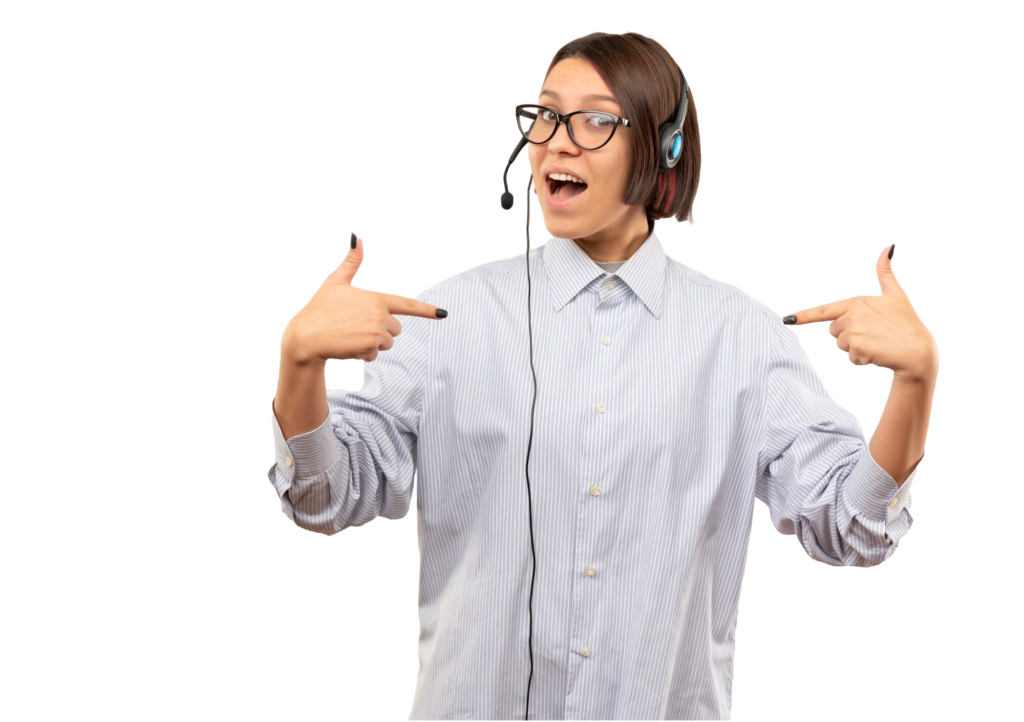 A virtual assistant wearing a headset and pointing at herself, ready to provide professional support.